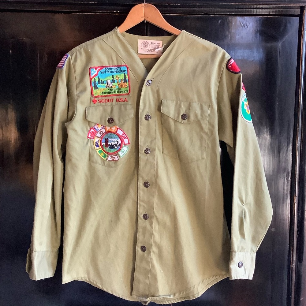 Vintage Olive Green BSA Boy Scout Uniform Shirt W Patches
